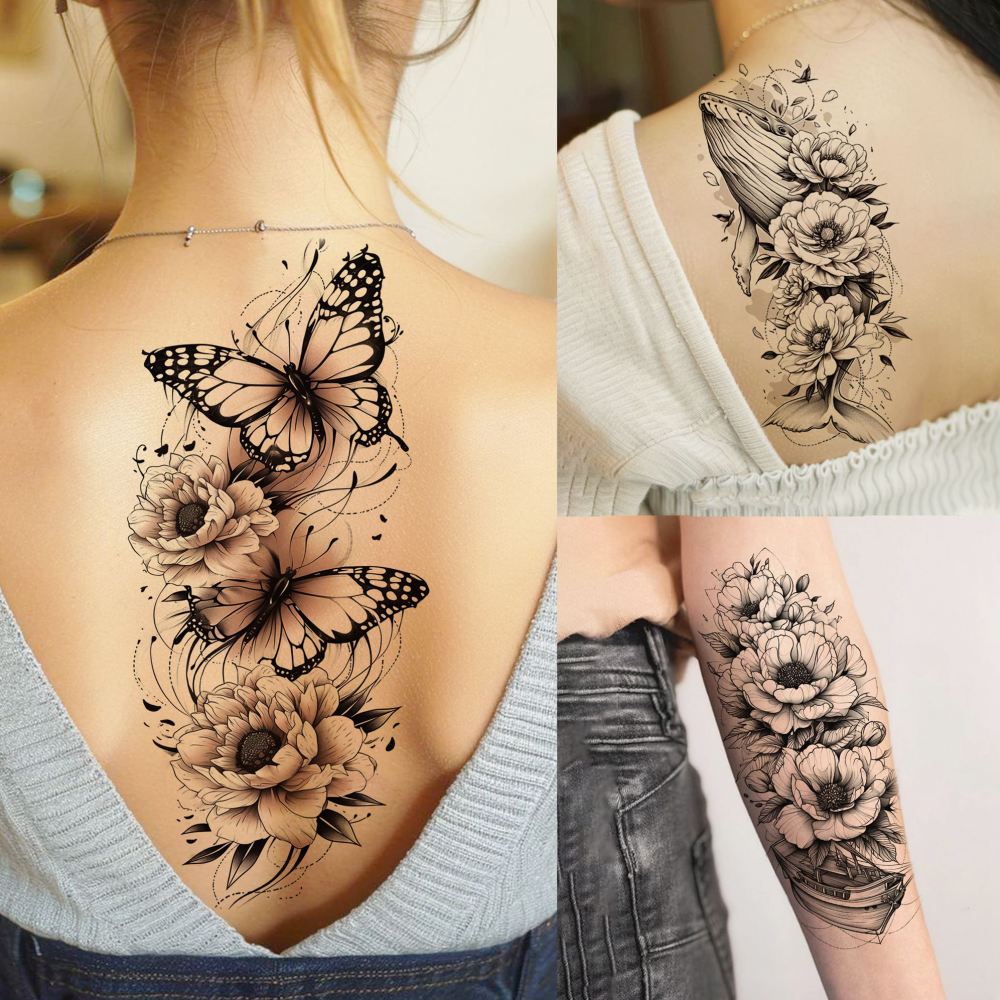 71 Sheets Rose Peony Flower Temporary Tattoos For Women Adults, Black Florals Half Arm Sleeve Realistic Temp Bulk Fake Tattoo Stickers Butterfly Ship Bee Carp Turtle Elephant Whale Spider Web Skull