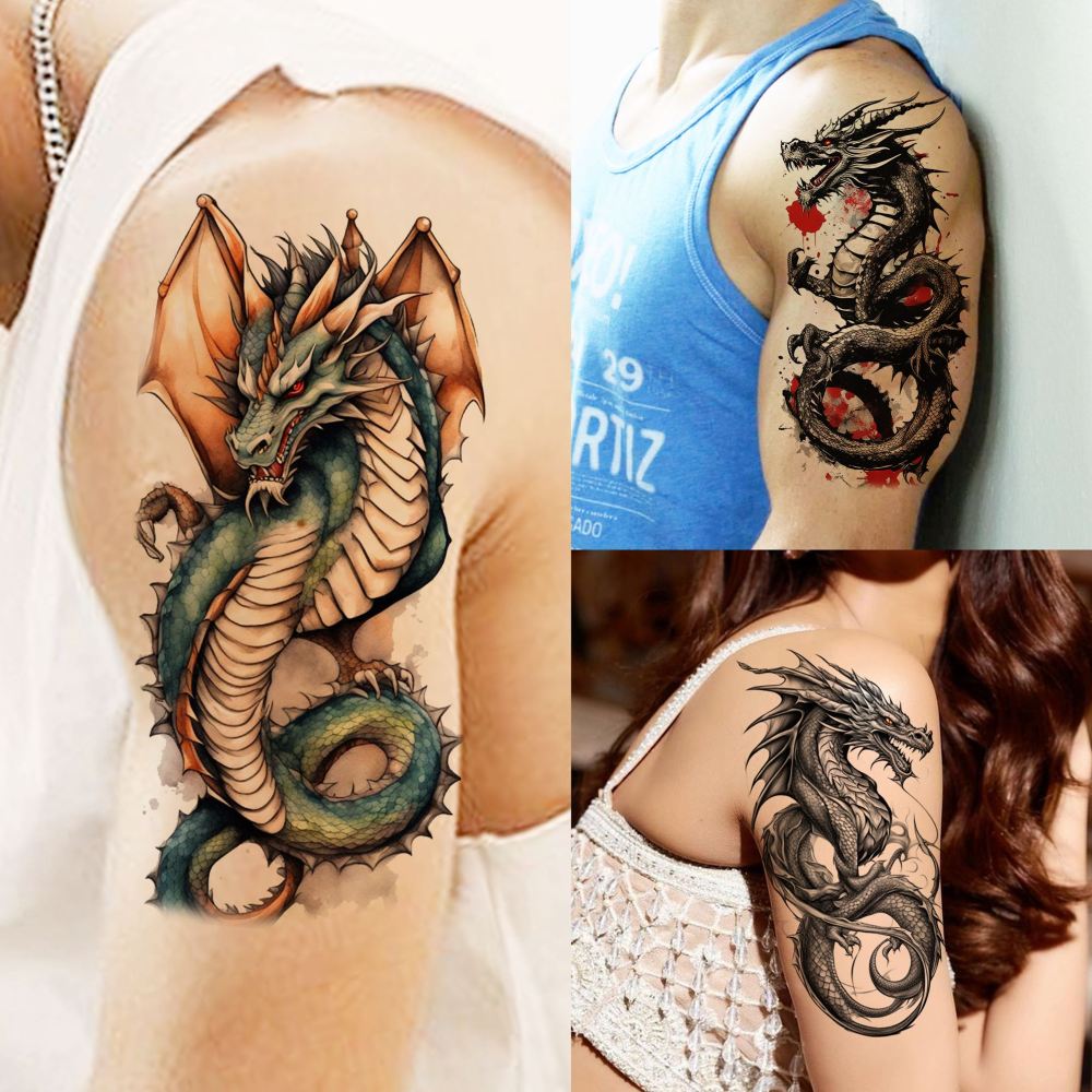 76 Sheets Realistic Dragon Temporary Tattoos For Men Women Adults Legs, Imperial Chinese Loong Half Arm Sleeve Fake Tattoo Stickers, 3D Black Halloween Long Lasting Temp Bulk Greek Mythology Tattoo