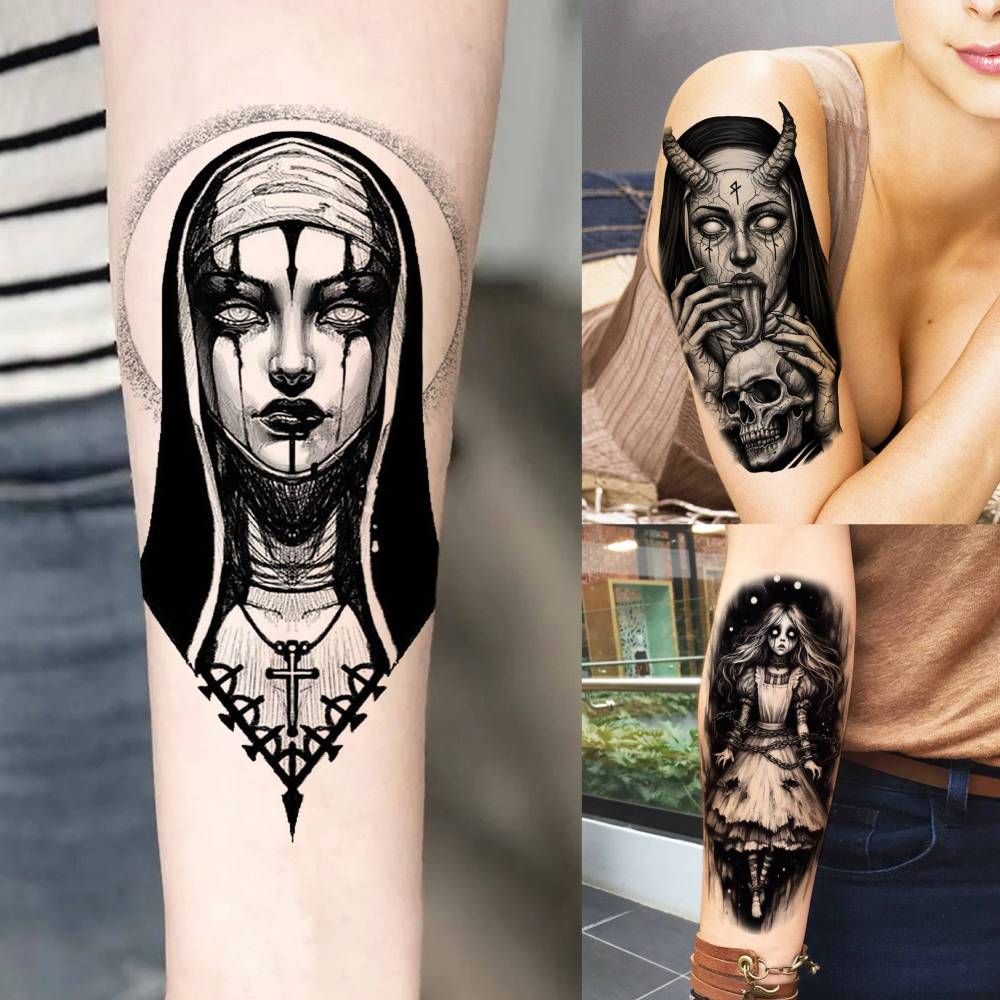 67 Sheets Black Gothic Temporary Tattoos For Men Women, Halloween Death Devil Evil Spirit Satan Fiend Demon Half Arm Sleeve Tattoo Stickers Scary Face Vampire Zombies, Prison Fake Tattoos For Adults