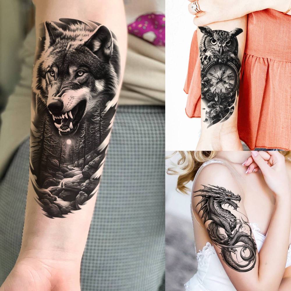 73 Sheets Black Wolf Lion Temporary Tattoos For Men Women, Halloween Half Arm Sleeve Tattoo Stickers Tiger Zeus Jesus Christ Dragon, Bulk Temp Waterproof Fake Tattoos For Adults Owl Skull Skeleton