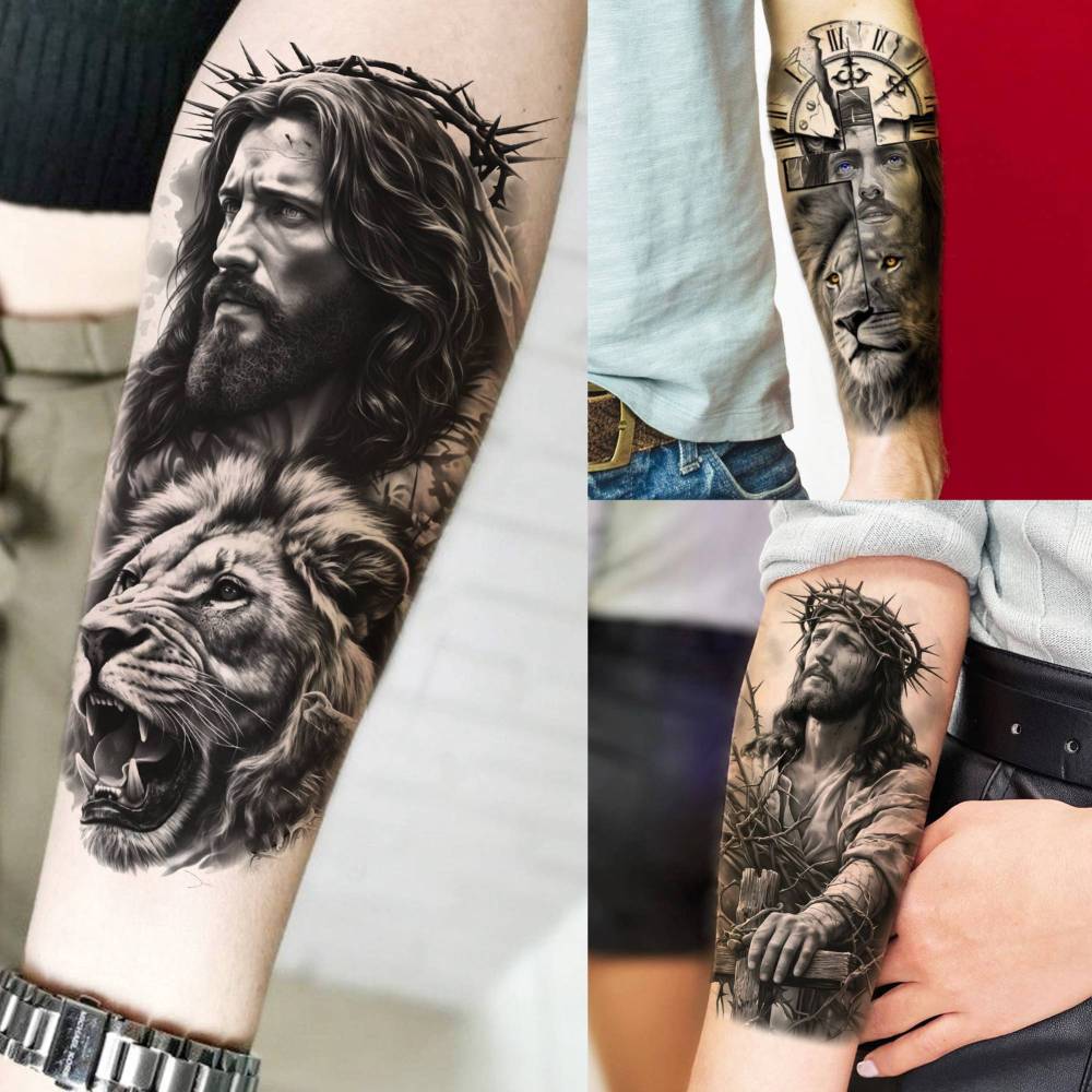 74 Sheets Jesus Christ Temporary Tattoos For Women Men, Half Arm Large Religious God Christian Lion Cross Fake Tattoos Adults, Bulk Realistic Angels Virgin Mary Tattoos Stickers Faith Peace