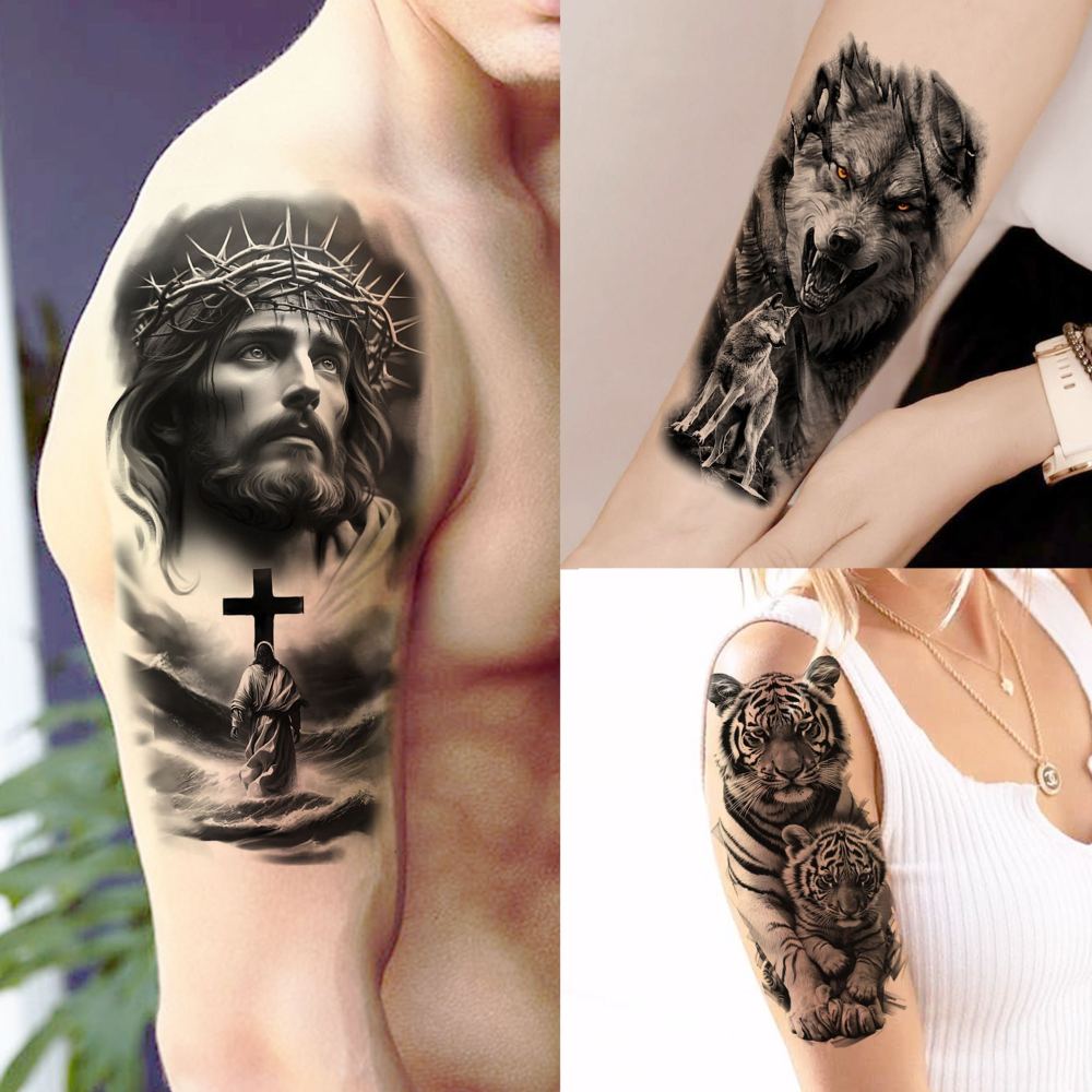 75 Sheets Skull Temporary Tattoos For Men Adults Forearm, Halloween Zeus God Lion Poseidon Half Arm Sleeve Tattoo For Women Jesus Christ Skeleton Dragon Owl, Realistic Fake Tattoo Stickers Wolf Tiger