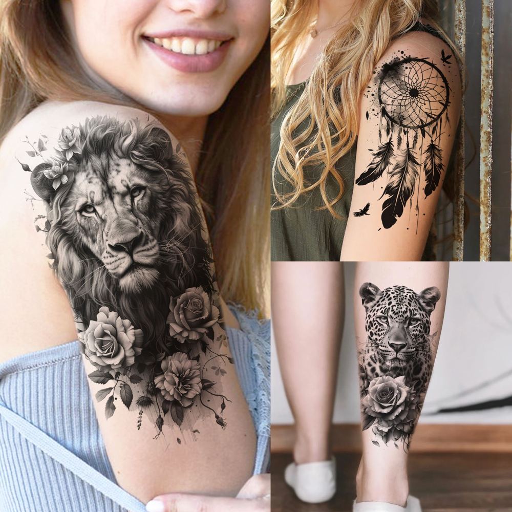 66 Sheets Snake Rose Flower Temporary Tattoos For Women Girls, Dragon Panda Florals Half Arm Sleeve Tattoo Sticker Dreamcatcher Floral, Skull Temp Butterfly Fake Tattoos For Adults Lion Tiger Leopard