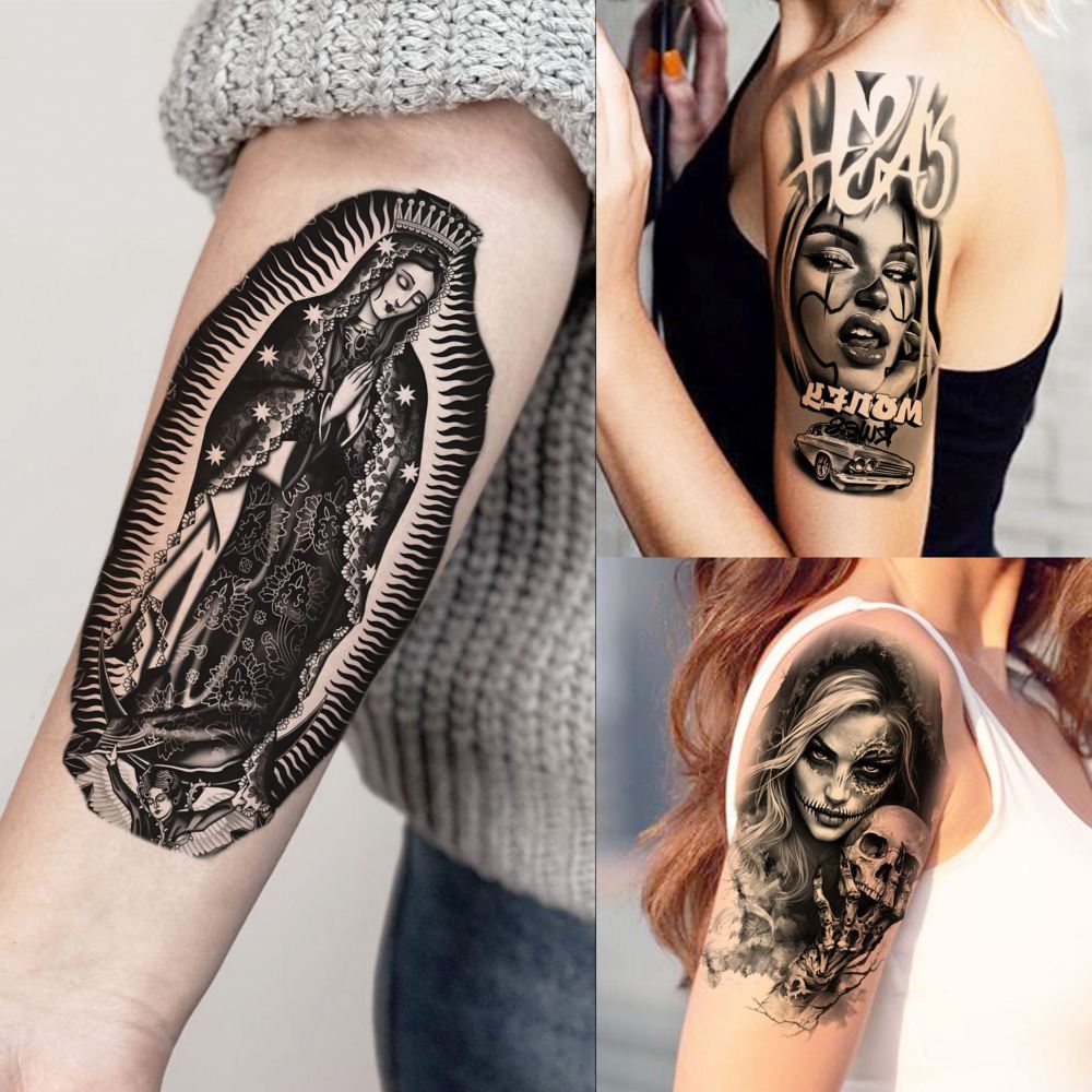 74 Sheets Chicano Jesus Christ God Temporary Tattoos For Men Women Adults Arm Cholo, Guadalupe Half Arm Sleeve Fake Tattoo Sticker Mexico West Coast Culture, Temp Chicana Prison Halloween Tattoo Chola