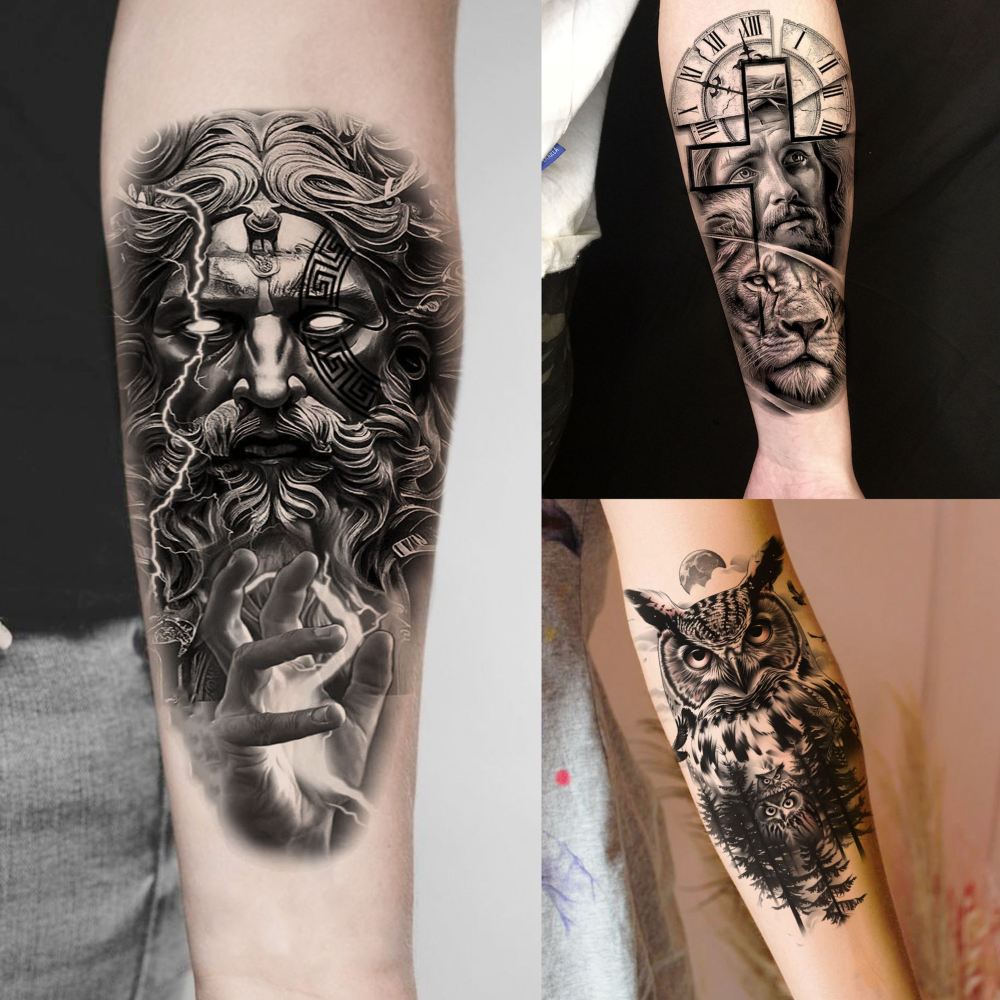 73 Sheets Realistic Lion Temporary Tattoos For Men Women Adults, Zeus Poseidon God Half Arm Sleeve Fake Tattoo Sticker Tiger Wolf Skull Flower, 3D Temp Bulk Long Lasting Owl Ship Halloween Tattoo Rose