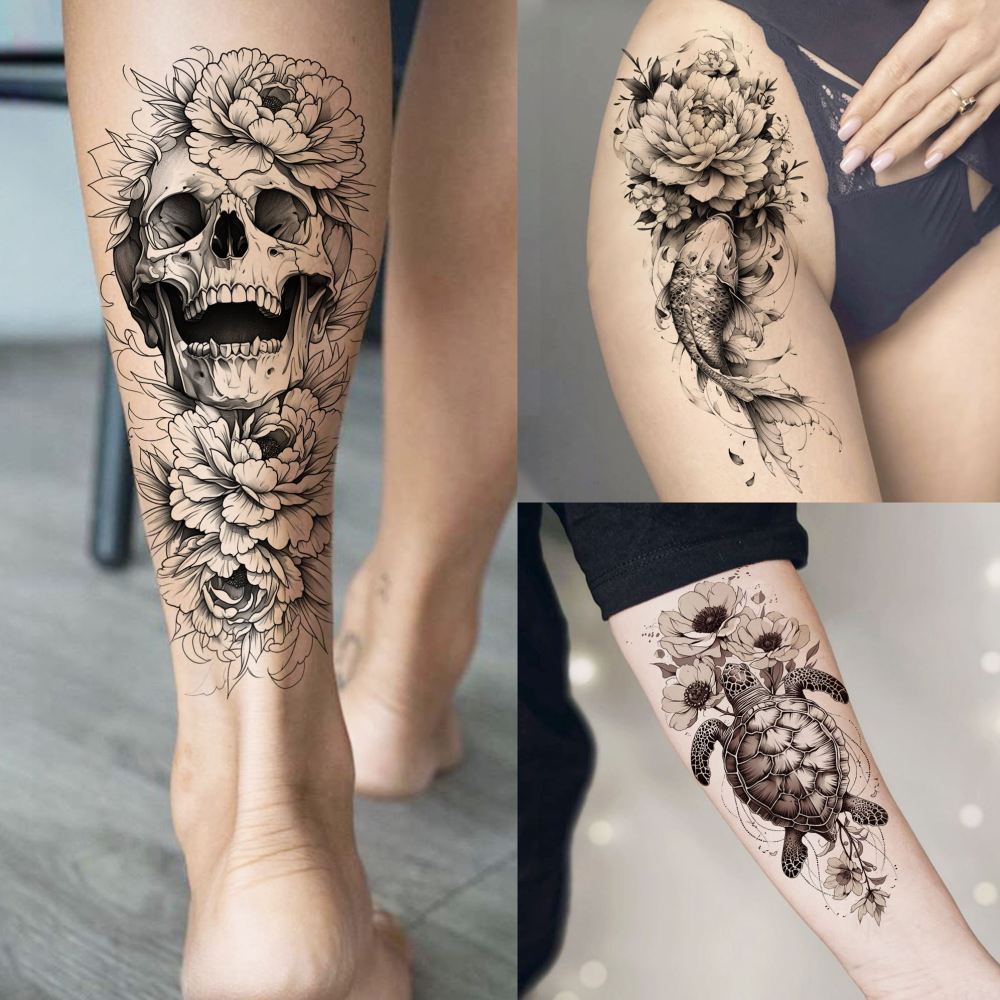 71 Sheets Rose Peony Flower Temporary Tattoos For Women Adults, Black Florals Half Arm Sleeve Realistic Temp Bulk Fake Tattoo Stickers Butterfly Ship Bee Carp Turtle Elephant Whale Spider Web Skull