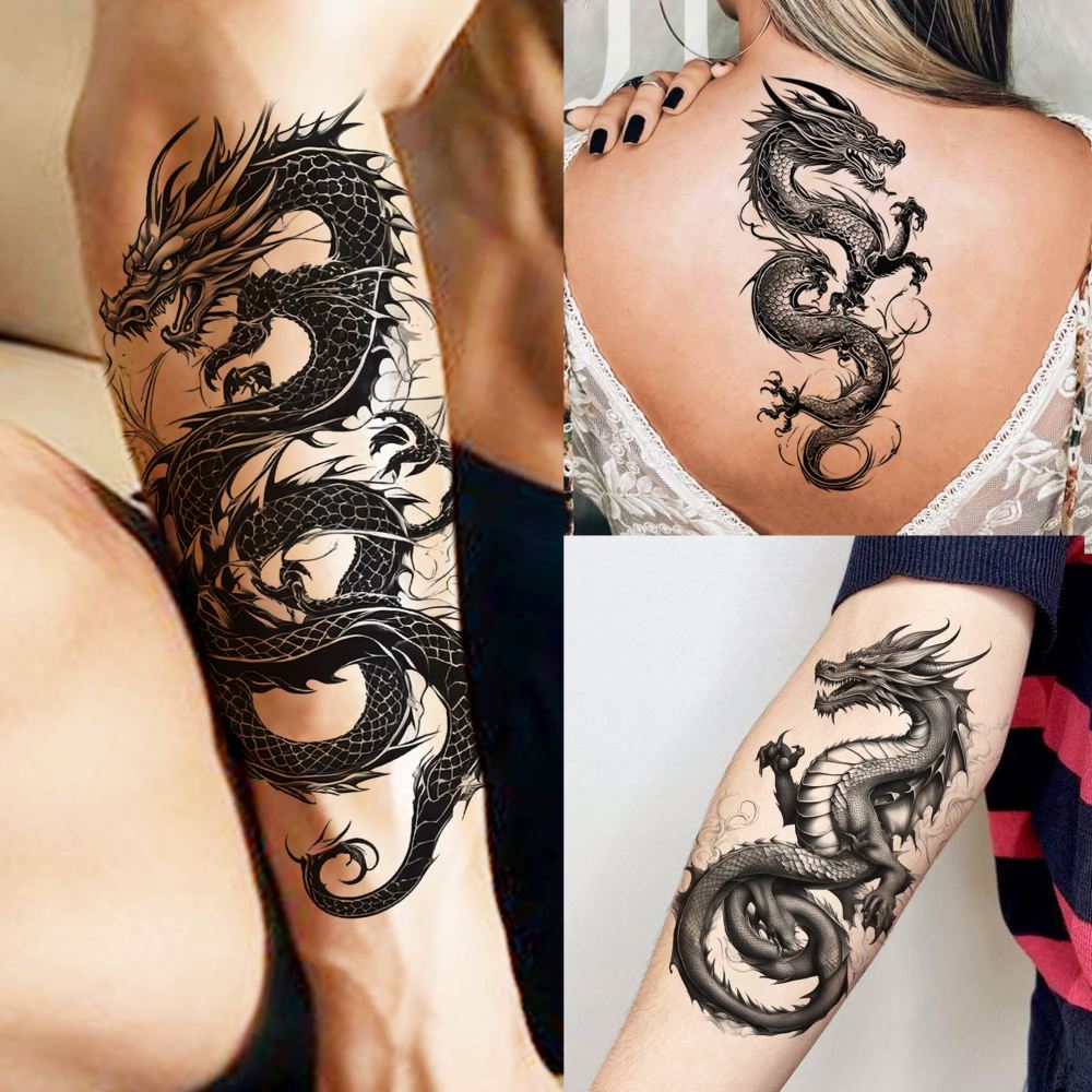 76 Sheets Realistic Dragon Temporary Tattoos For Men Women Adults Legs, Imperial Chinese Loong Half Arm Sleeve Fake Tattoo Stickers, 3D Black Halloween Long Lasting Temp Bulk Greek Mythology Tattoo