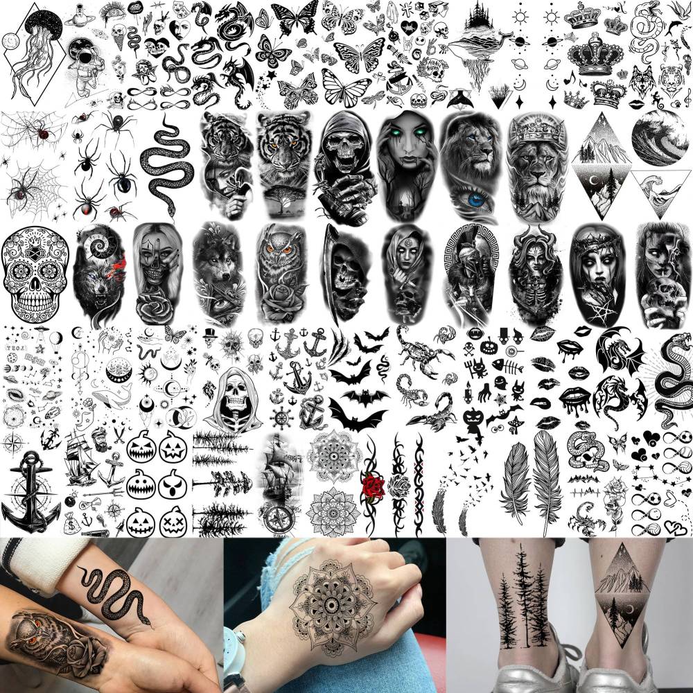 67 Sheets Black Gothic Temporary Tattoos For Men Women, Halloween Death Devil Evil Spirit Satan Fiend Demon Half Arm Sleeve Tattoo Stickers Scary Face Vampire Zombies, Prison Fake Tattoos For Adults