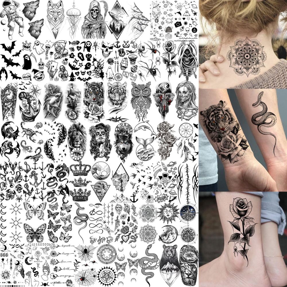 75 Sheets Skull Temporary Tattoos For Men Adults Forearm, Halloween Zeus God Lion Poseidon Half Arm Sleeve Tattoo For Women Jesus Christ Skeleton Dragon Owl, Realistic Fake Tattoo Stickers Wolf Tiger