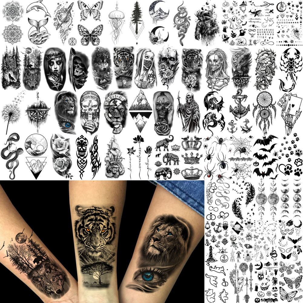 73 Sheets Realistic Lion Temporary Tattoos For Men Women Adults, Zeus Poseidon God Half Arm Sleeve Fake Tattoo Sticker Tiger Wolf Skull Flower, 3D Temp Bulk Long Lasting Owl Ship Halloween Tattoo Rose