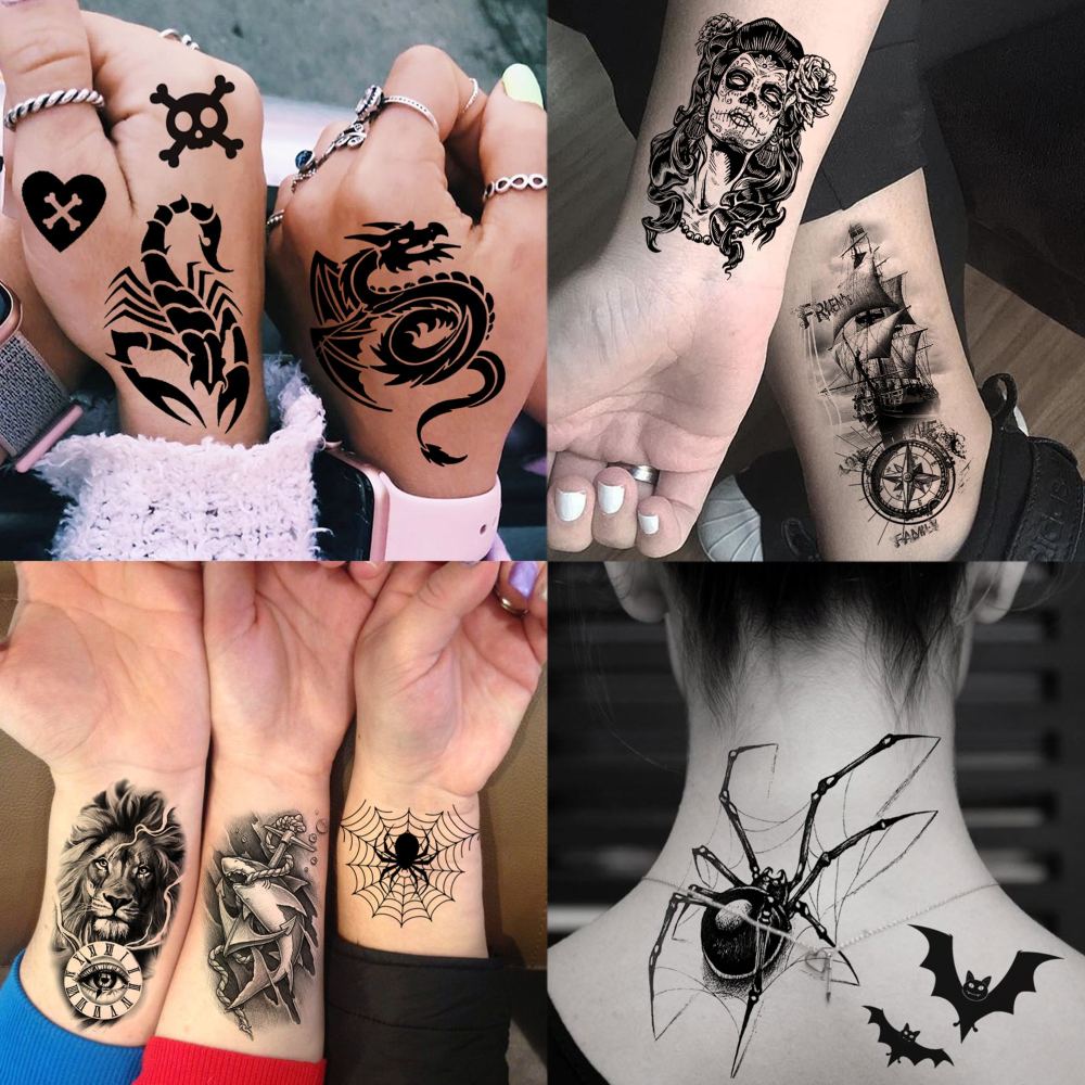 75 Sheets Skull Temporary Tattoos For Men Adults Forearm, Halloween Zeus God Lion Poseidon Half Arm Sleeve Tattoo For Women Jesus Christ Skeleton Dragon Owl, Realistic Fake Tattoo Stickers Wolf Tiger