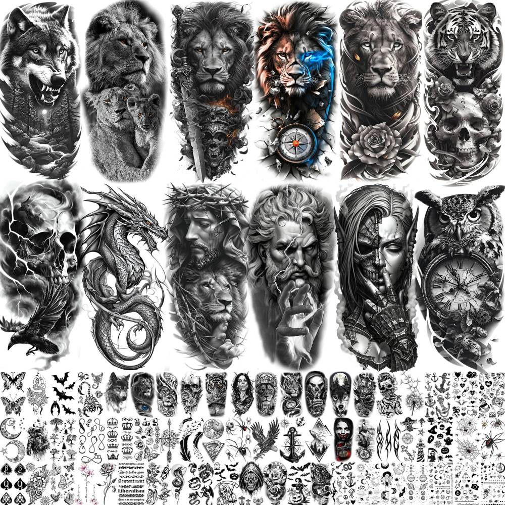 73 Sheets Black Wolf Lion Temporary Tattoos For Men Women, Halloween Half Arm Sleeve Tattoo Stickers Tiger Zeus Jesus Christ Dragon, Bulk Temp Waterproof Fake Tattoos For Adults Owl Skull Skeleton