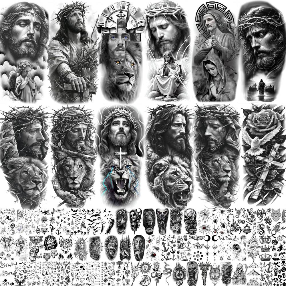74 Sheets Jesus Christ Temporary Tattoos For Women Men, Half Arm Large Religious God Christian Lion Cross Fake Tattoos Adults, Bulk Realistic Angels Virgin Mary Tattoos Stickers Faith Peace