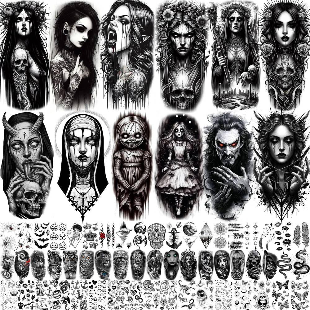 67 Sheets Black Gothic Temporary Tattoos For Men Women, Halloween Death Devil Evil Spirit Satan Fiend Demon Half Arm Sleeve Tattoo Stickers Scary Face Vampire Zombies, Prison Fake Tattoos For Adults