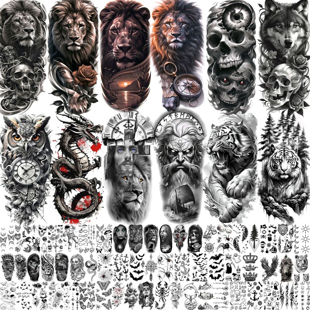 72 Sheets Cool Lion Tiger Temporary Tattoos For Women Men Adults, Waterproof Realistic Halloween Fake Tattoo Stickers Zeus God Jesus Christ Wolf Skull Skeleton Owl Dragon, Temp Gothic Black Tattoo