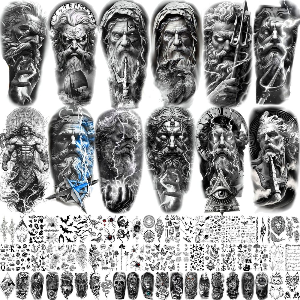 74 Sheets Black King Of The Greek God Zeus Temporary Tattoos For Women Men Adults Mythology, Poseidon Trident Halloween Fake Tattoo Stickers Compass Tribal Eye Totem, Temp Gothic Tattoo Lightning Bolt