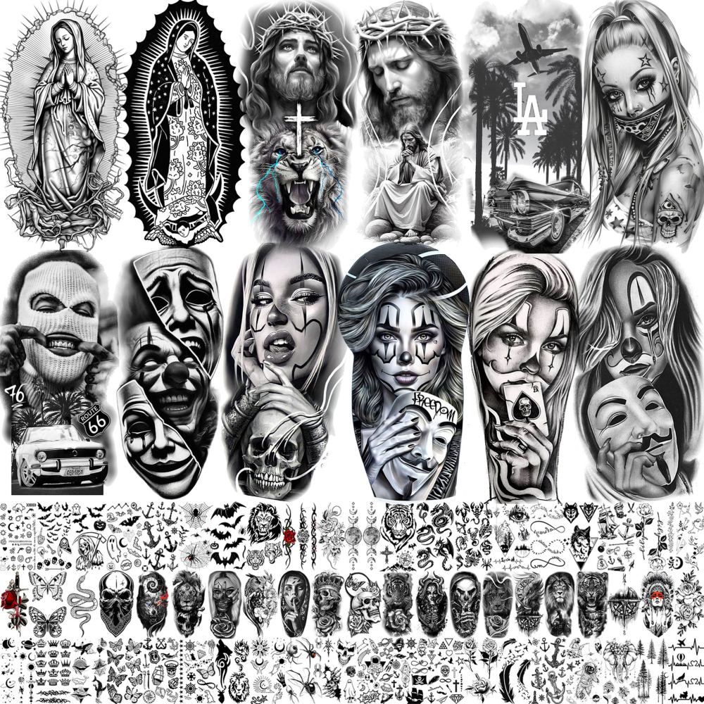 73 Sheets Halloween Chicano Temporary Tattoos For Women Men Adults Cholo Chola, Our Lady of Guadalupe Tattoo Stickers Religion, Chicana Gangster Prisoner Mexico Culture Joker Fake Tattoo Jesus Christ