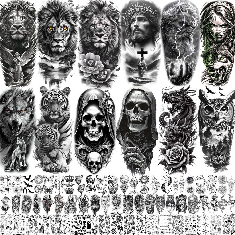 75 Sheets Skull Temporary Tattoos For Men Adults Forearm, Halloween Zeus God Lion Poseidon Half Arm Sleeve Tattoo For Women Jesus Christ Skeleton Dragon Owl, Realistic Fake Tattoo Stickers Wolf Tiger