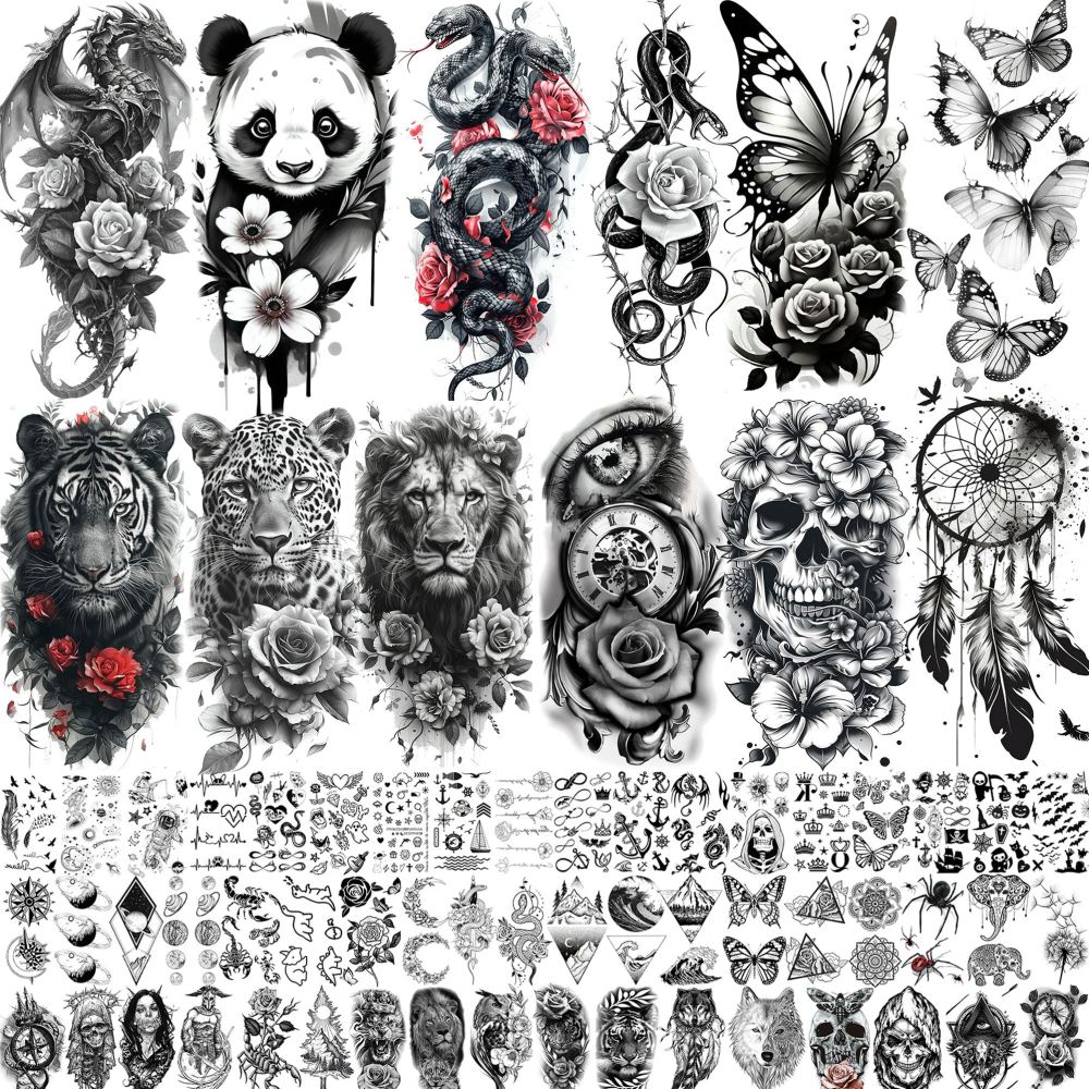 66 Sheets Snake Rose Flower Temporary Tattoos For Women Girls, Dragon Panda Florals Half Arm Sleeve Tattoo Sticker Dreamcatcher Floral, Skull Temp Butterfly Fake Tattoos For Adults Lion Tiger Leopard