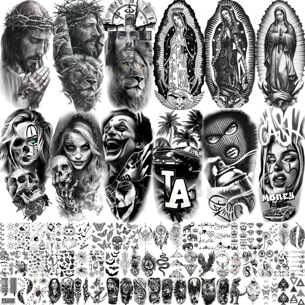 74 Sheets Chicano Jesus Christ God Temporary Tattoos For Men Women Adults Arm Cholo, Guadalupe Half Arm Sleeve Fake Tattoo Sticker Mexico West Coast Culture, Temp Chicana Prison Halloween Tattoo Chola