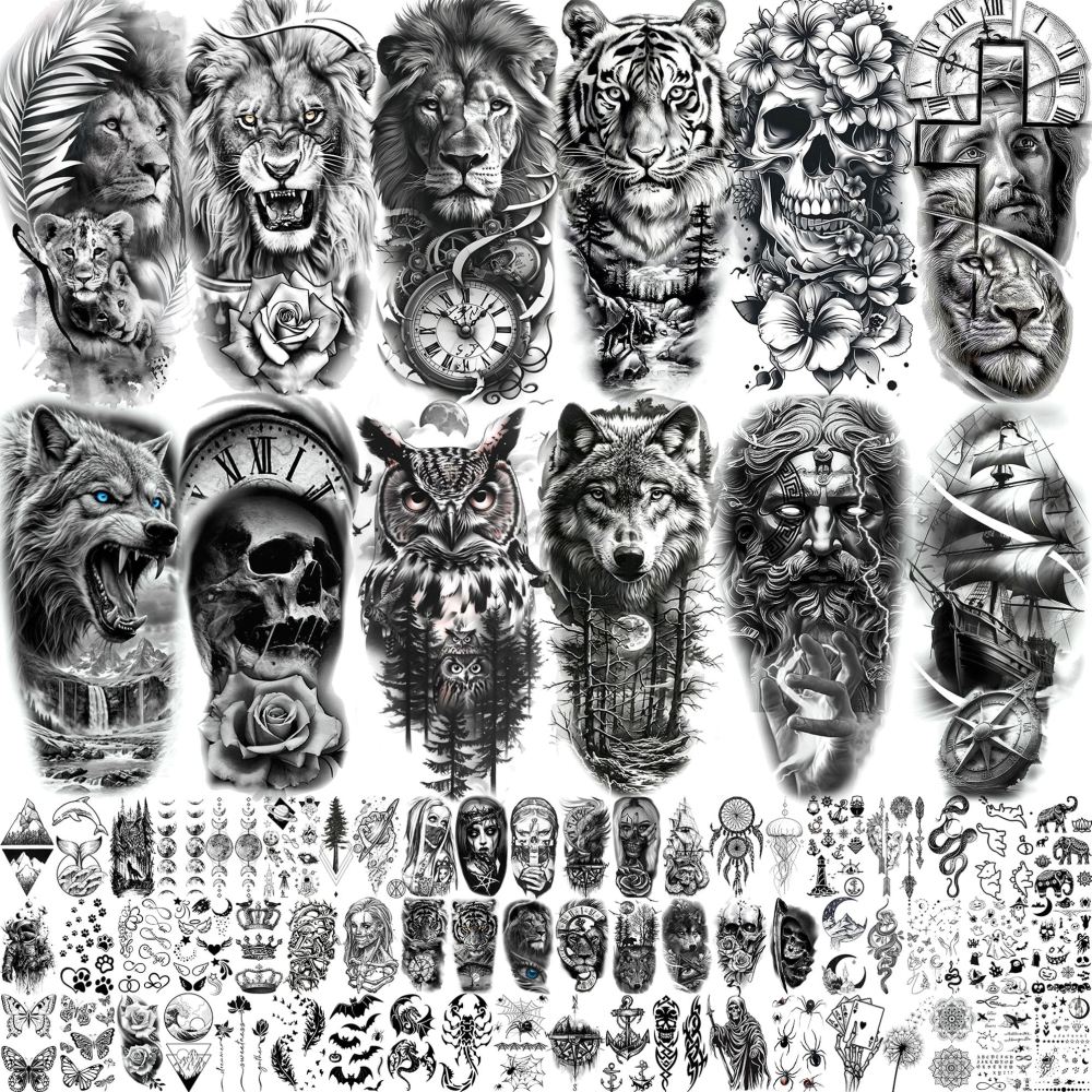 73 Sheets Realistic Lion Temporary Tattoos For Men Women Adults, Zeus Poseidon God Half Arm Sleeve Fake Tattoo Sticker Tiger Wolf Skull Flower, 3D Temp Bulk Long Lasting Owl Ship Halloween Tattoo Rose