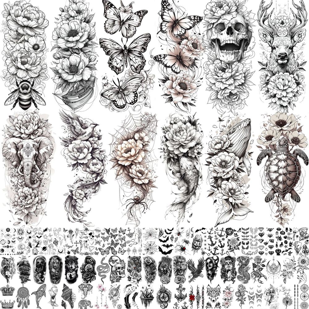 71 Sheets Rose Peony Flower Temporary Tattoos For Women Adults, Black Florals Half Arm Sleeve Realistic Temp Bulk Fake Tattoo Stickers Butterfly Ship Bee Carp Turtle Elephant Whale Spider Web Skull