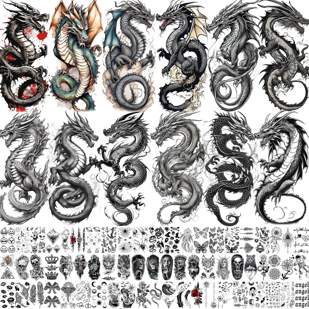 76 Sheets Realistic Dragon Temporary Tattoos For Men Women Adults Legs, Imperial Chinese Loong Half Arm Sleeve Fake Tattoo Stickers, 3D Black Halloween Long Lasting Temp Bulk Greek Mythology Tattoo