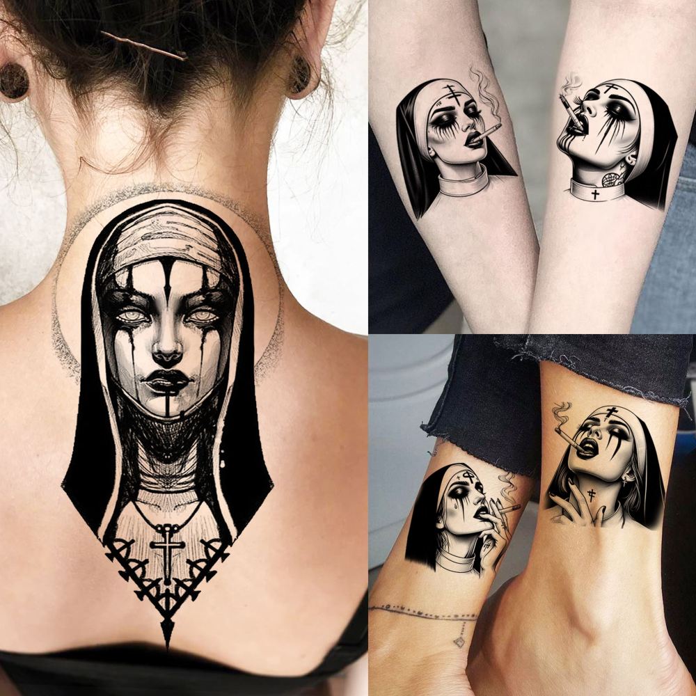 68 Sheets Crazy Nun Girl Temporary Tattoos For Men Adults, Black Gothic Scary Sister Horror Zombie Vampire Half Arm Sleeve Tattoos For Women Rose Flower, Bulk Prison Demon Devil Fake Tattoo Stickers