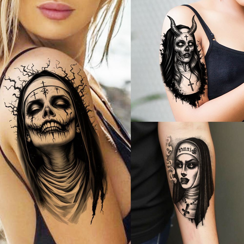 68 Sheets Crazy Nun Girl Temporary Tattoos For Men Adults, Black Gothic Scary Sister Horror Zombie Vampire Half Arm Sleeve Tattoos For Women Rose Flower, Bulk Prison Demon Devil Fake Tattoo Stickers