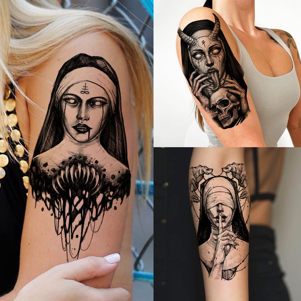 68 Sheets Crazy Nun Girl Temporary Tattoos For Men Adults, Black Gothic Scary Sister Horror Zombie Vampire Half Arm Sleeve Tattoos For Women Rose Flower, Bulk Prison Demon Devil Fake Tattoo Stickers