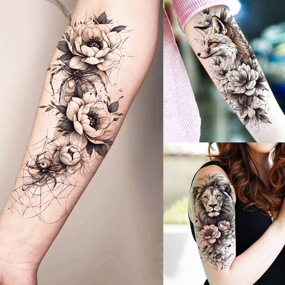 75 Sheets Black Realistic 3D Rose Flowers Temporary Tattoos For Women Girls Adults, Guadalupe Virgin Mary Lotus Snake Peony Florals Blossom Bulk Fake Tattoo Stickers Forearm Lion Fox Spider Web Skull