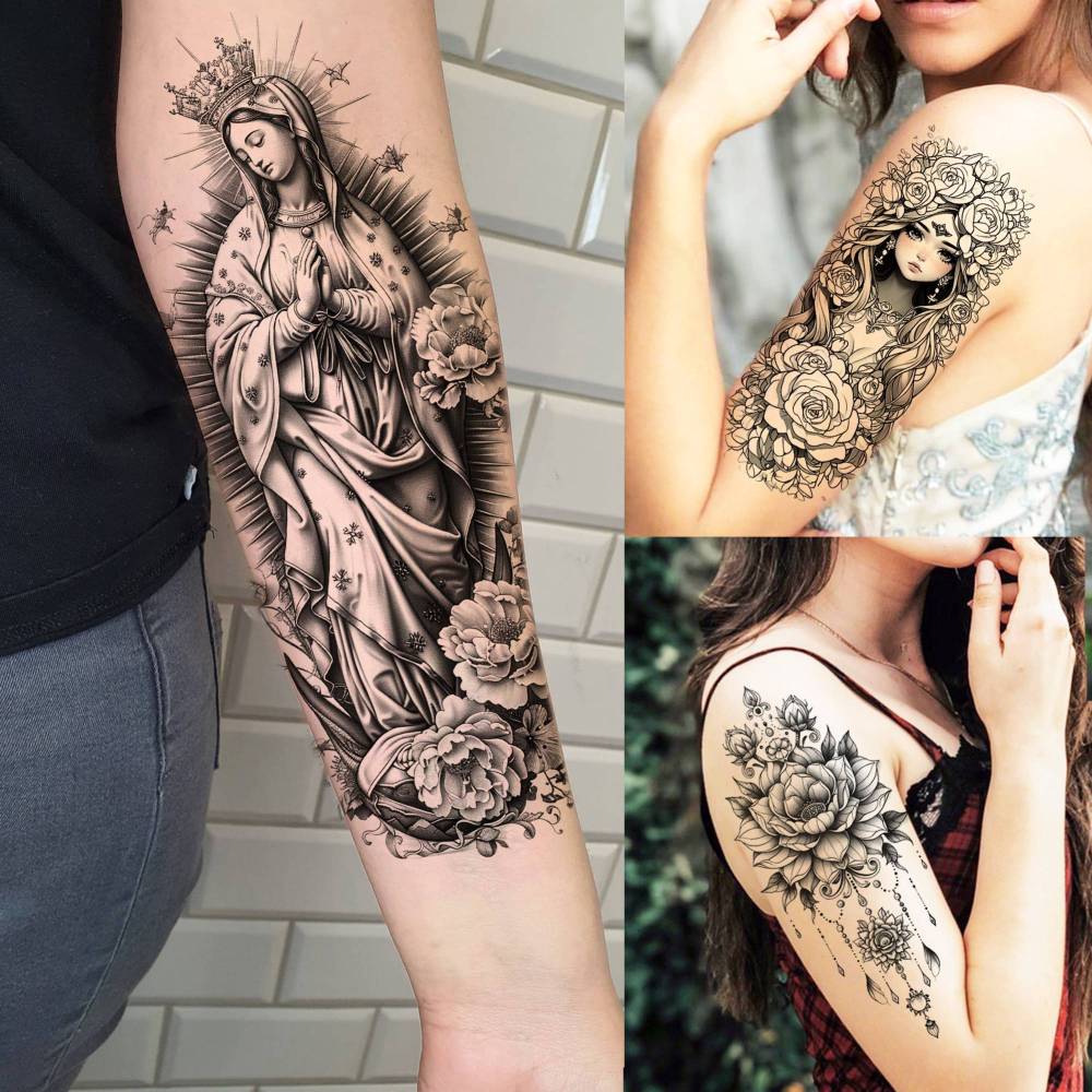 75 Sheets Black Realistic 3D Rose Flowers Temporary Tattoos For Women Girls Adults, Guadalupe Virgin Mary Lotus Snake Peony Florals Blossom Bulk Fake Tattoo Stickers Forearm Lion Fox Spider Web Skull