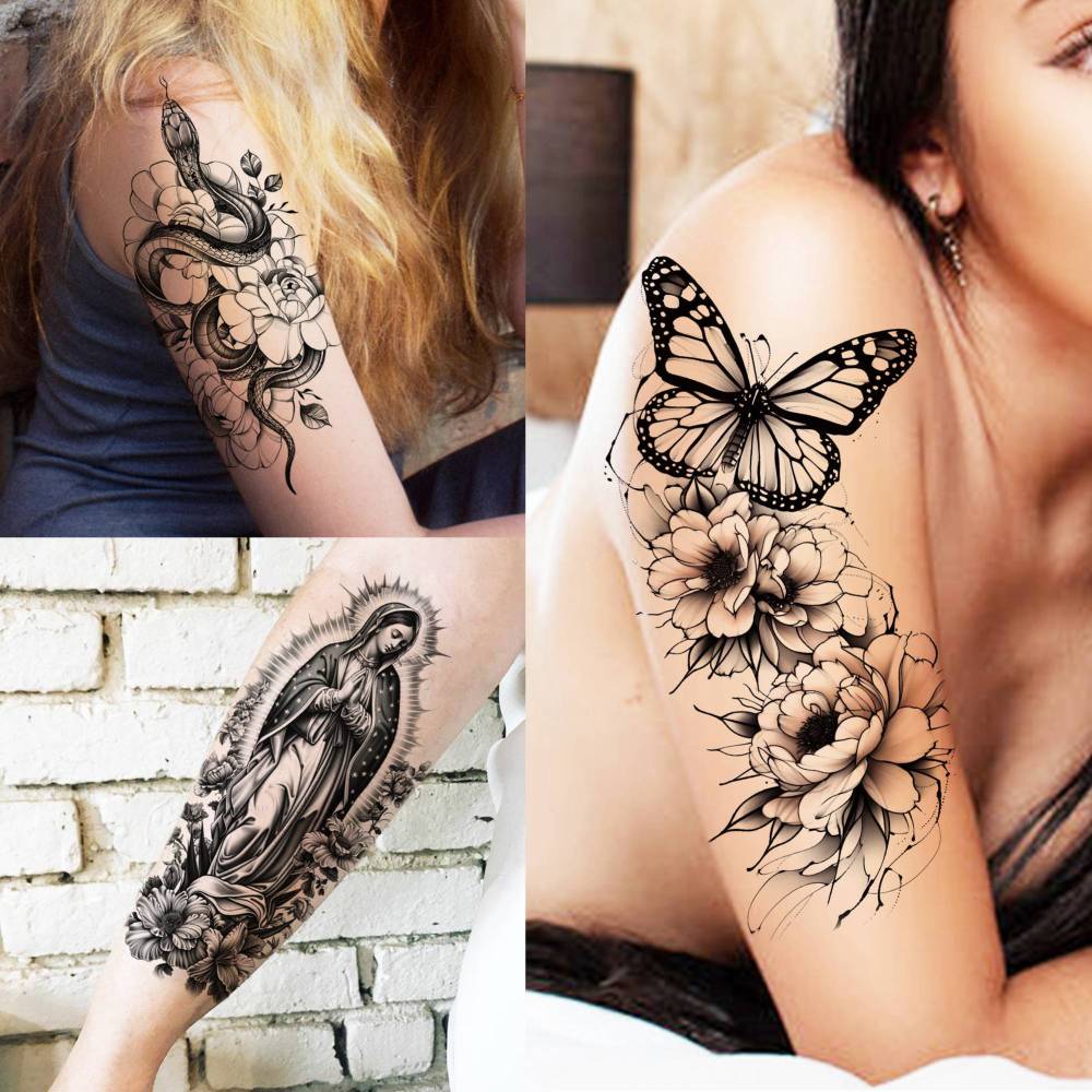 75 Sheets Black Realistic 3D Rose Flowers Temporary Tattoos For Women Girls Adults, Guadalupe Virgin Mary Lotus Snake Peony Florals Blossom Bulk Fake Tattoo Stickers Forearm Lion Fox Spider Web Skull