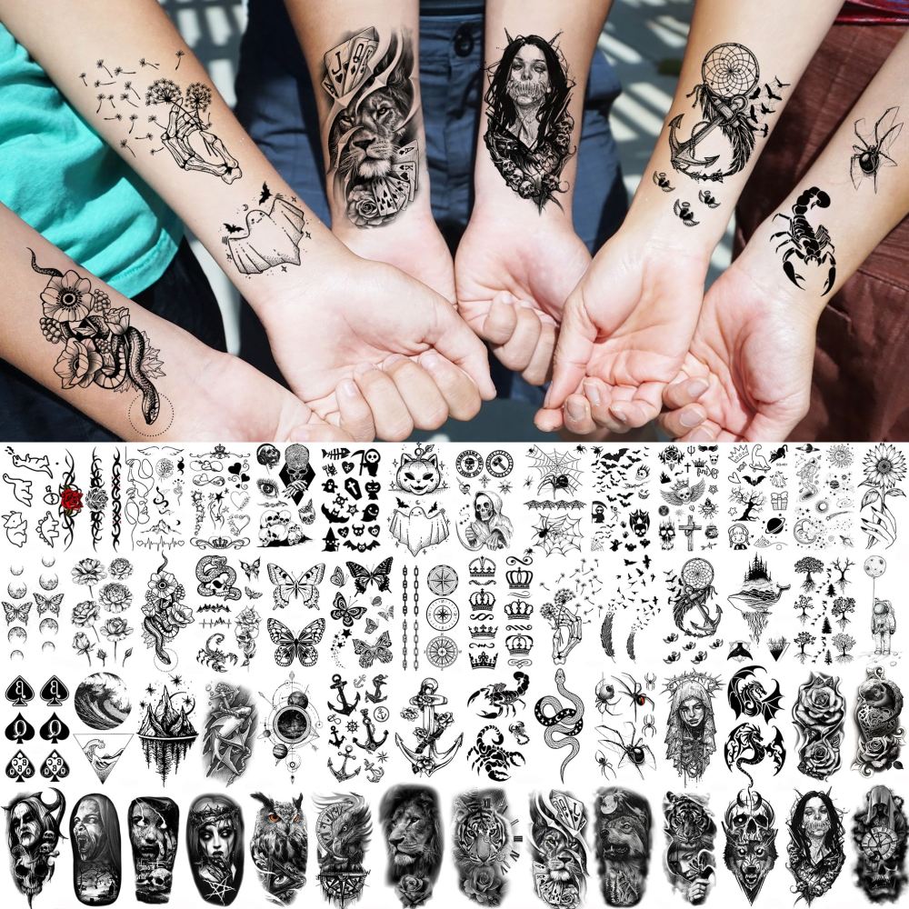 68 Sheets Crazy Nun Girl Temporary Tattoos For Men Adults, Black Gothic Scary Sister Horror Zombie Vampire Half Arm Sleeve Tattoos For Women Rose Flower, Bulk Prison Demon Devil Fake Tattoo Stickers
