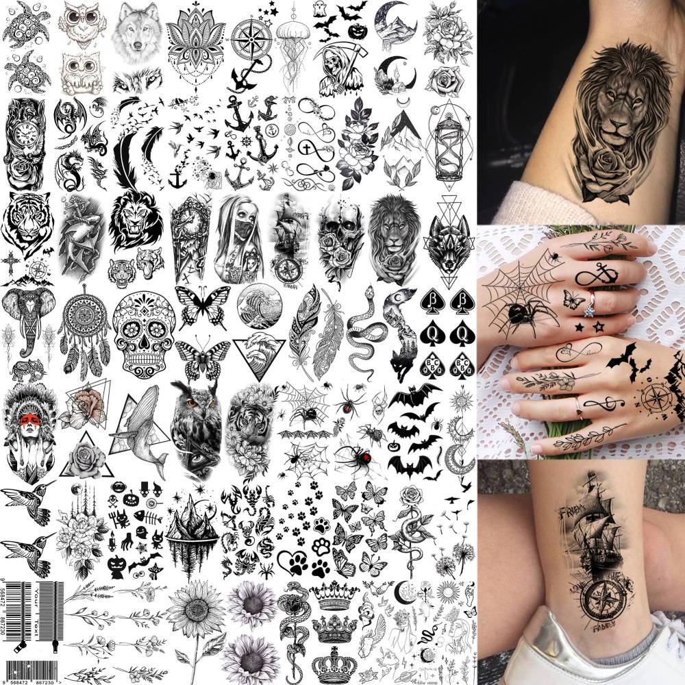 75 Sheets Black Realistic 3D Rose Flowers Temporary Tattoos For Women Girls Adults, Guadalupe Virgin Mary Lotus Snake Peony Florals Blossom Bulk Fake Tattoo Stickers Forearm Lion Fox Spider Web Skull