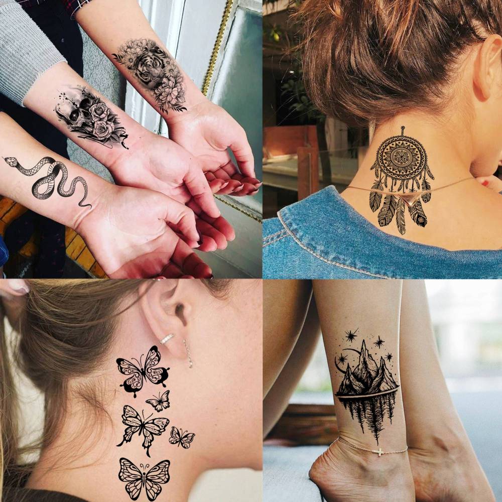 75 Sheets Black Realistic 3D Rose Flowers Temporary Tattoos For Women Girls Adults, Guadalupe Virgin Mary Lotus Snake Peony Florals Blossom Bulk Fake Tattoo Stickers Forearm Lion Fox Spider Web Skull