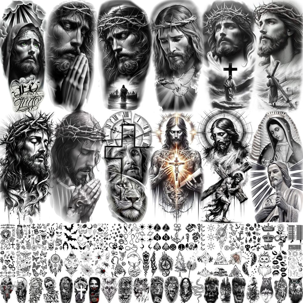 73 Sheets God Jesus Christ Temporary Tattoos For Men Adults, Religious Cross Prayer Half Arm Sleeve Tattoos For Women Rose Flower, Temp Christian Faith Belief Family Fake Tattoo Stickers Halloween