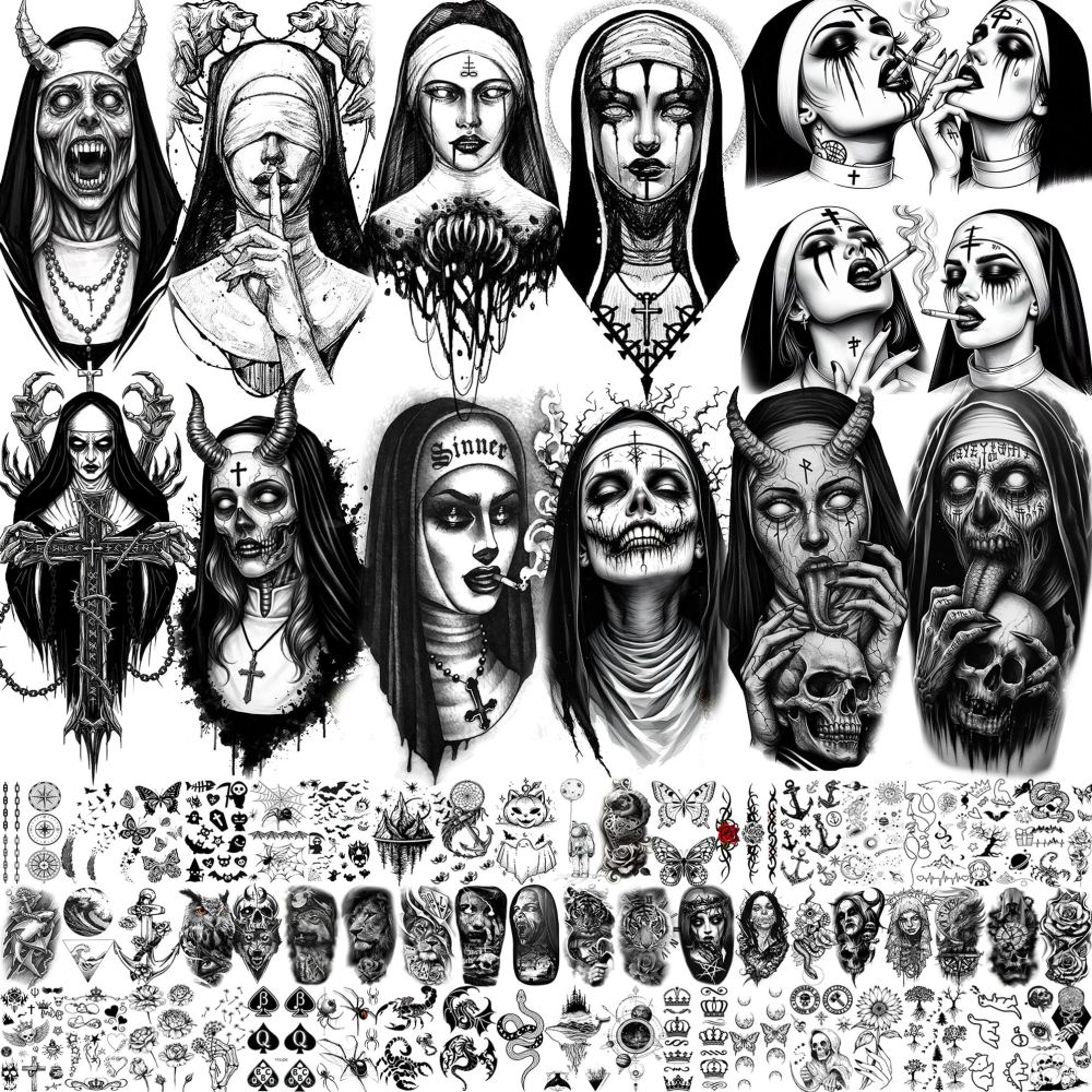68 Sheets Crazy Nun Girl Temporary Tattoos For Men Adults, Black Gothic Scary Sister Horror Zombie Vampire Half Arm Sleeve Tattoos For Women Rose Flower, Bulk Prison Demon Devil Fake Tattoo Stickers