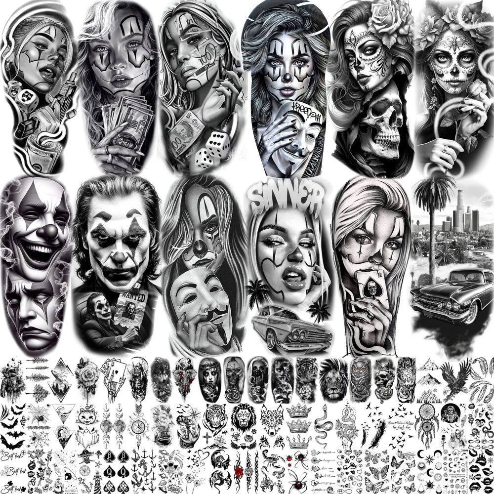 70 Sheets Halloween Chicano Temporary Tattoos For Women Men Adults Cholo Chola, Gothic Mexican Culture Chicana Tattoo Stickers, Religion Gangster Prison Inmate Lowriders Fake Tattoo Joker Day of Dead
