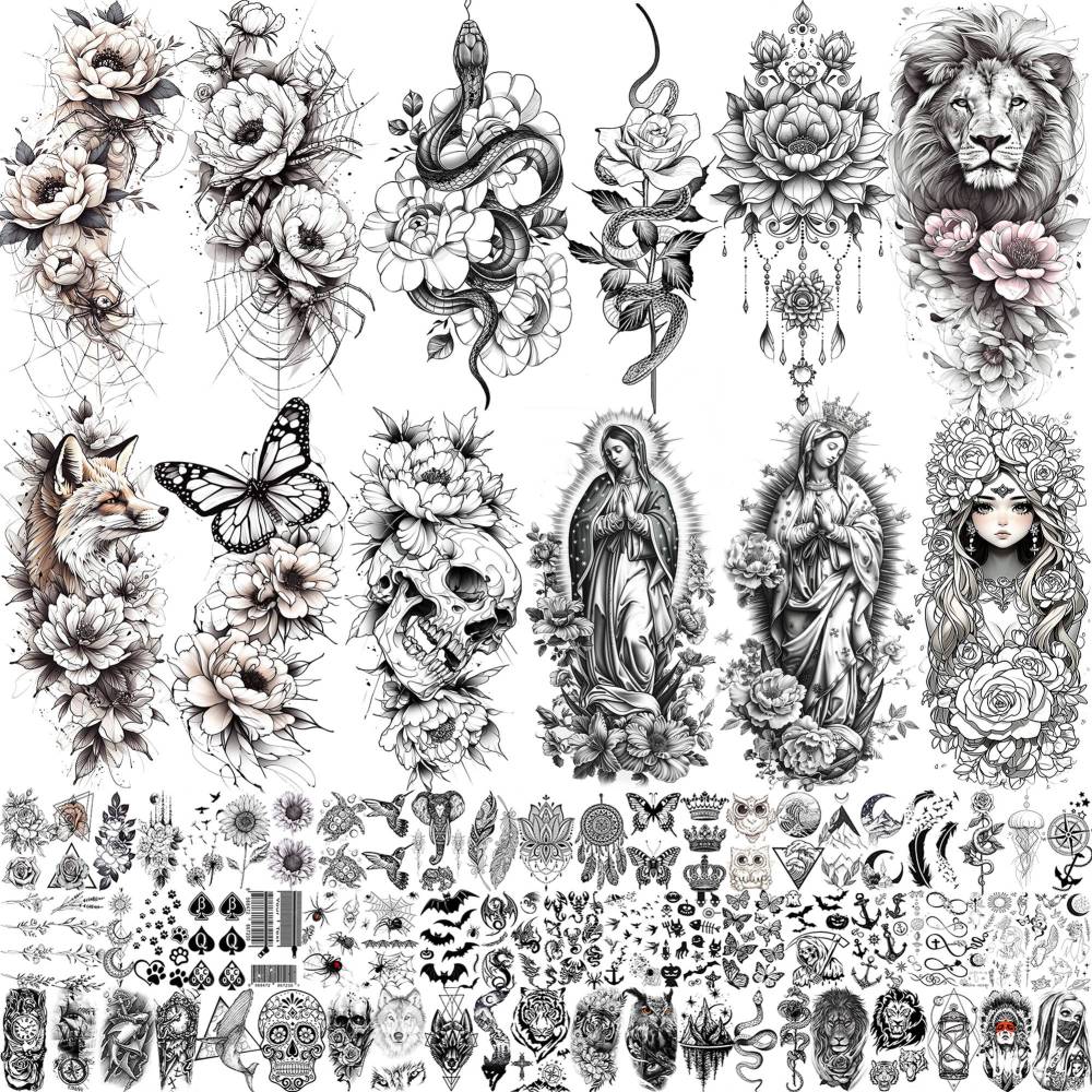 75 Sheets Black Realistic 3D Rose Flowers Temporary Tattoos For Women Girls Adults, Guadalupe Virgin Mary Lotus Snake Peony Florals Blossom Bulk Fake Tattoo Stickers Forearm Lion Fox Spider Web Skull