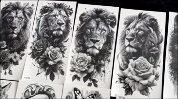 72 Sheets Realistic Lion Rose Flower Temporary Tattoos For Women Girls Adults Arm, Bulk Temp Sleeve Tattoos Peony Fox Wolf Florals, Halloween 3D Realistic Fake Tattoo Stickers Skull Skeleton Tiger