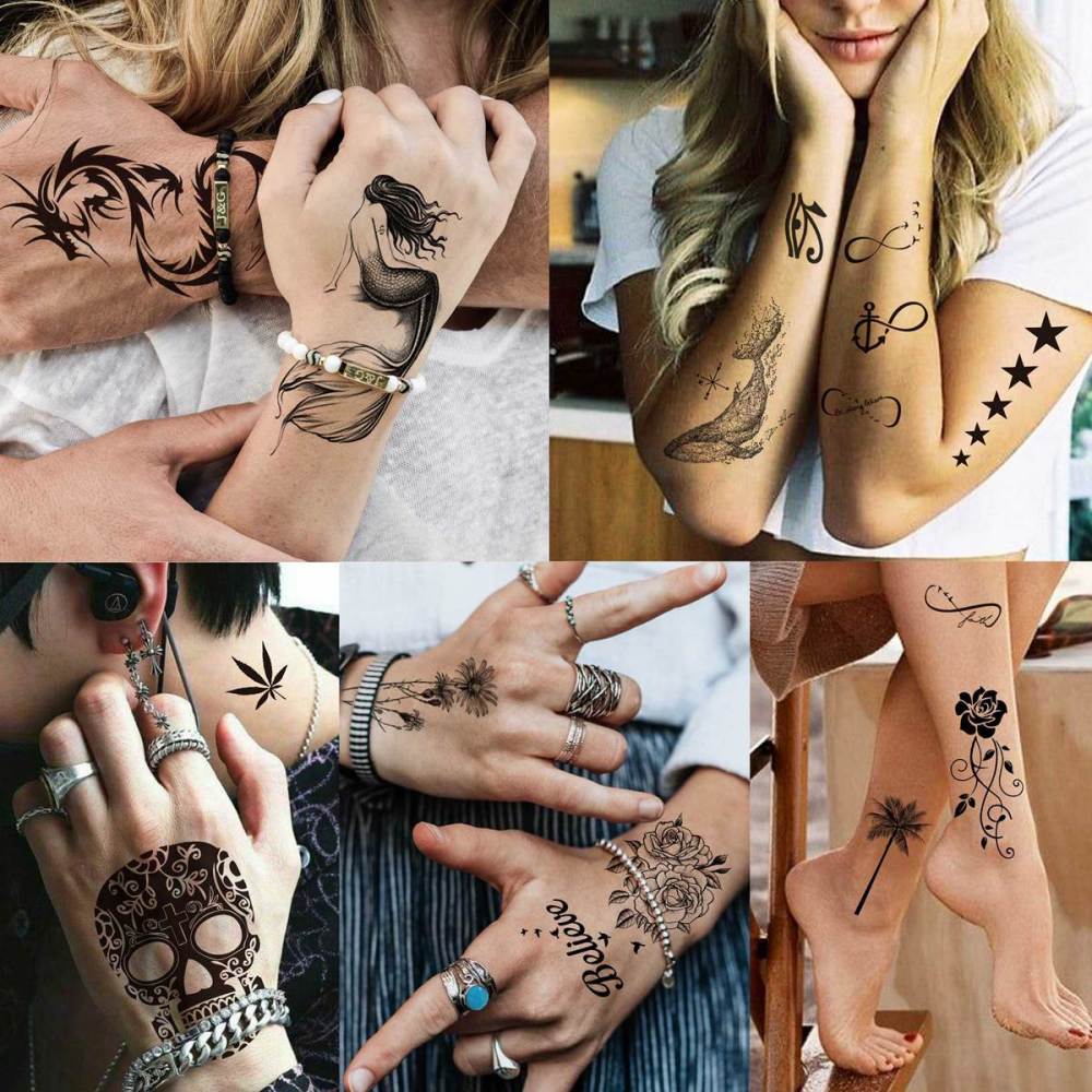 66 Sheets 3D Small Black Temporary Tattoos For Women Men Waterproof Fake Tattoo Stickers For Face Neck Arm Children Flower Birds Star Realistic Tatoo Kits For Boy Girls Adults
