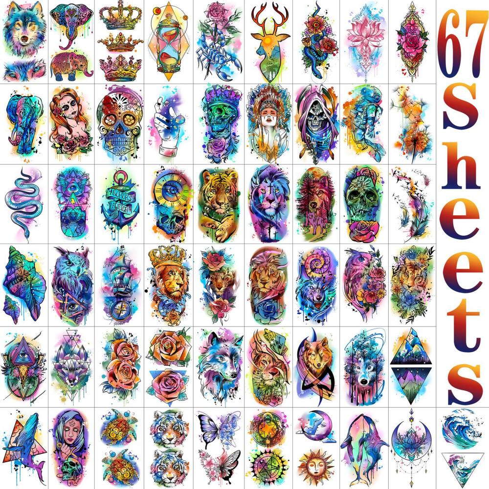 67 Sheets Watercolor Rose Flower Temporary Tattoos For Women Girls, 12 Sheets Colorful Arm Sleeve Tattoos For Adults Floral Snake Tiger, 53 Sheets Groovy Small Semi Permanent Fake Tattoos Kids