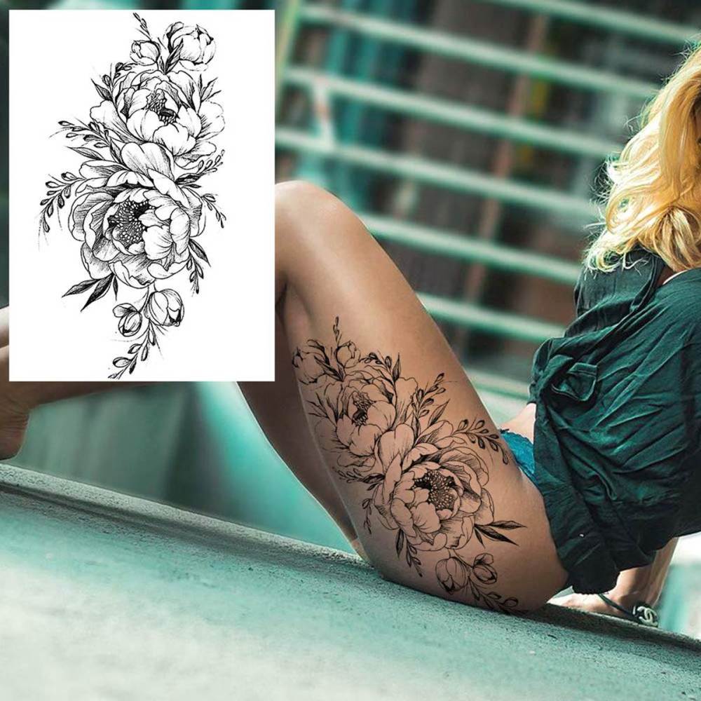 6 Sheets 3D Realistic Large Black Rose Flower Temporary Tattoos For Women Body Art Arm Big Peony Geometric Tattoo Stickers Adults Fake Waterproof Tatoo Legs Sketch Sexy Girl Peach Lily