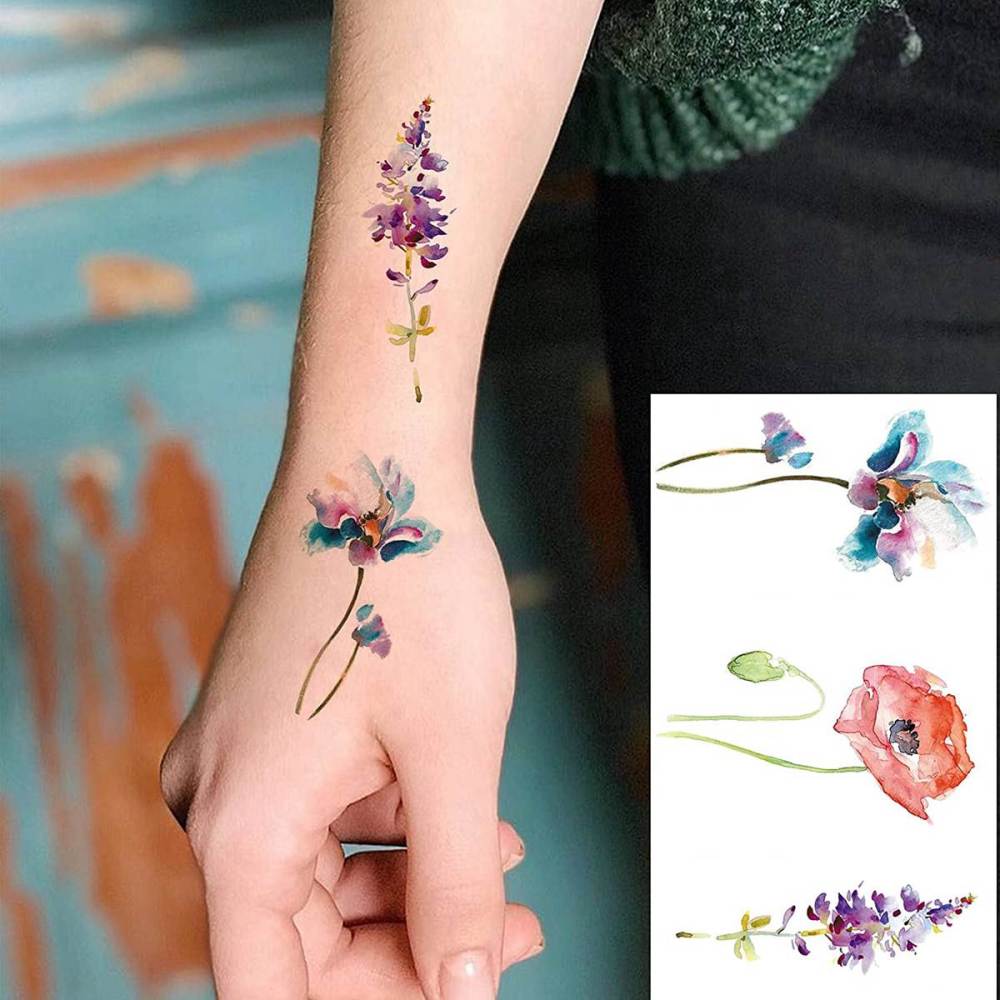 12 Sheets 3D Watercolor Lavender Flower Temporary Tattoos For Women Body Art Arm Fake Flora Adults TattooSticker Waterproof Girls Tatoos
