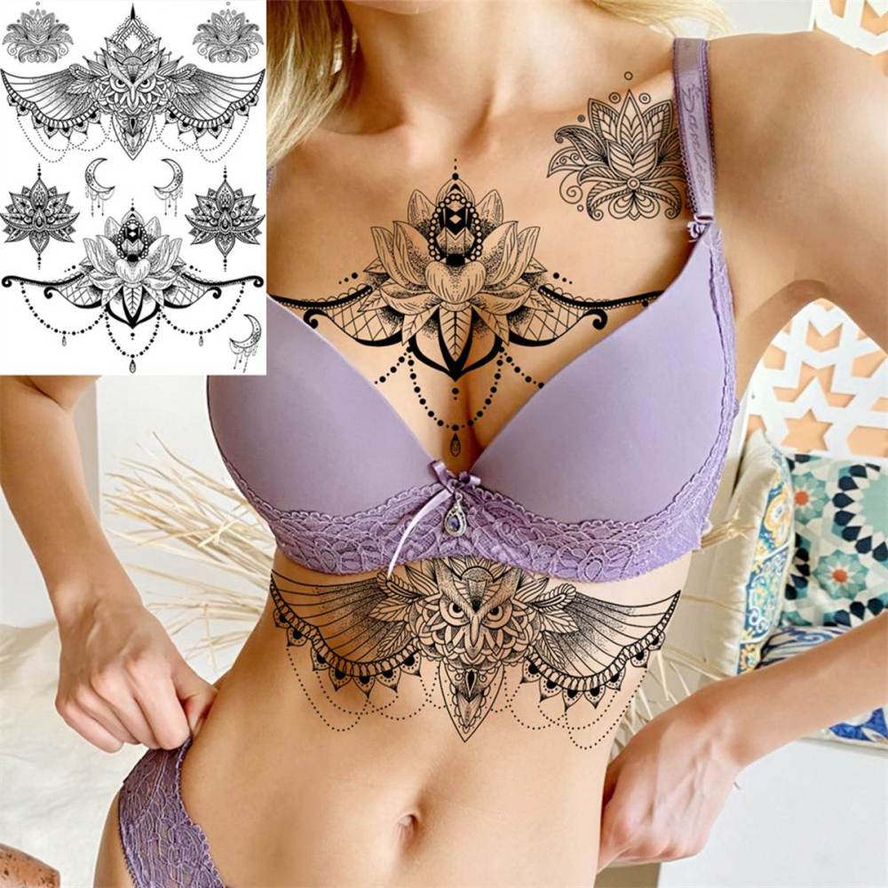 6 Pieces/Lot Unique Black Henna Temporary Tattoo Stickers For Adults Women Girls Feather Mandala Flower Body Art Large Big Arm Tattoos Sheet Lace Indian Mehndi Sexy Wedding Tatoos OWL