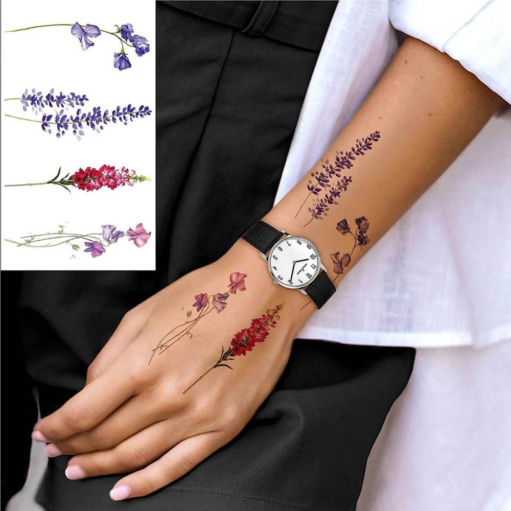 12 Sheets 3D Watercolor Lavender Flower Temporary Tattoos For Women Body Art Arm Fake Flora Adults TattooSticker Waterproof Girls Tatoos