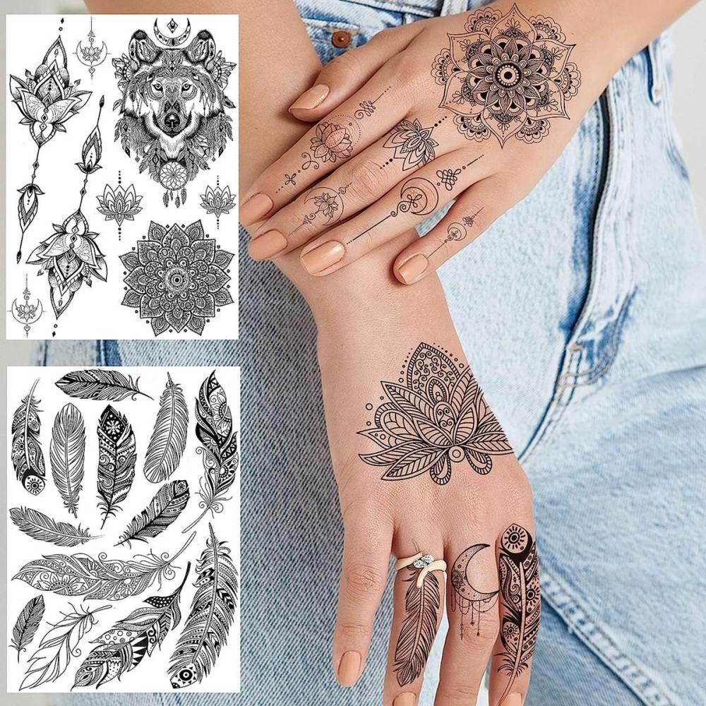 6 Pieces/Lot Unique Black Henna Temporary Tattoo Stickers For Adults Women Girls Feather Mandala Flower Body Art Large Big Arm Tattoos Sheet Lace Indian Mehndi Sexy Wedding Tatoos OWL