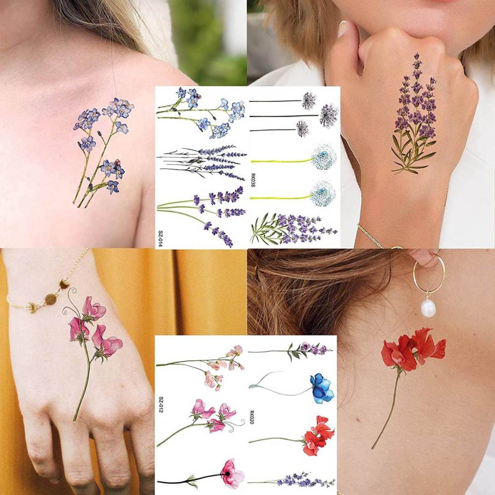 12 Sheets 3D Watercolor Lavender Flower Temporary Tattoos For Women Body Art Arm Fake Flora Adults TattooSticker Waterproof Girls Tatoos