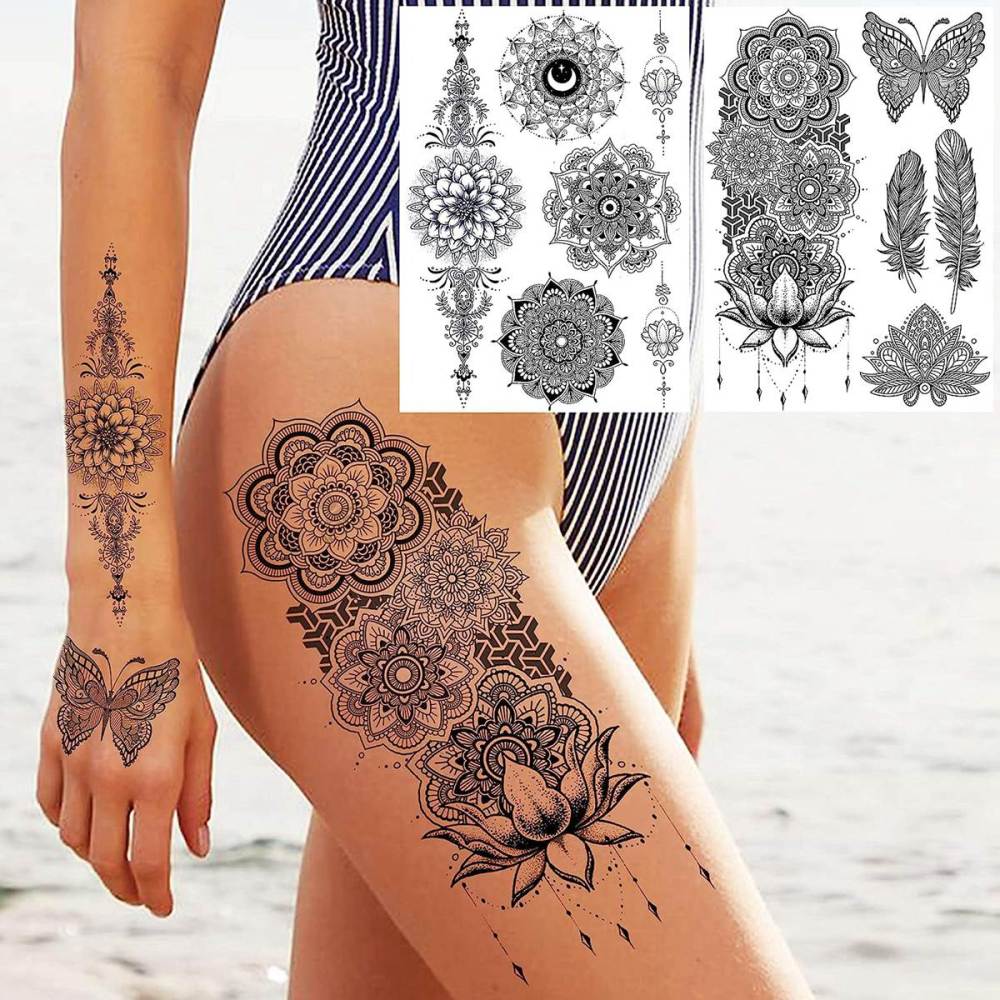 6 Pieces/Lot Unique Black Henna Temporary Tattoo Stickers For Adults Women Girls Feather Mandala Flower Body Art Large Big Arm Tattoos Sheet Lace Indian Mehndi Sexy Wedding Tatoos OWL